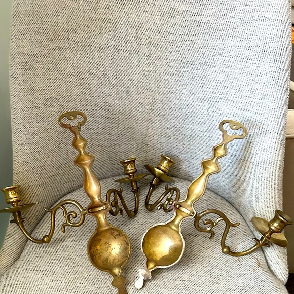 Vintage Brass Sconces Pair Wall Light Double Arm Candle Light Decor Colonial - Picture 3 of 5